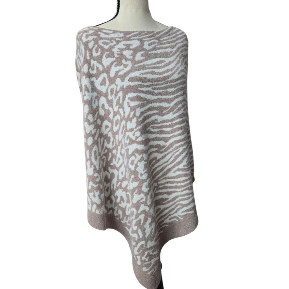 Barefoot Dreams CozyChic Ultra Lite Mixed Animal Print Poncho Taupe White OS